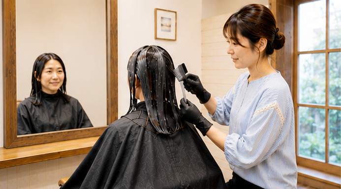 艶髪ストレート施術の様子