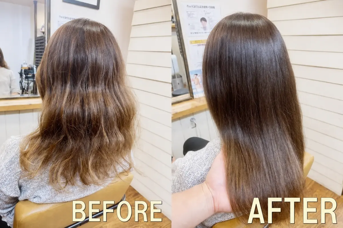 カットと髪質改善カラーによるロングヘアの施術前後